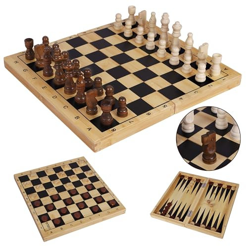 TOWO 3-in-1 Chess, Checkers & Backgammon Set – Folding Wooden Board Game, Portable Travel Set for Kids & Adults, Eco-Friendly Strategy Toy, Classic