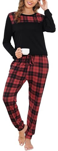 Vlazom Pyjama Femme Hiver Ensemble de Pyjama Longue Manche Vêtements de Nuit à Carreaux avec Poches Ensemble d'intérieur pour Noël，B-Rouge/Noir，S