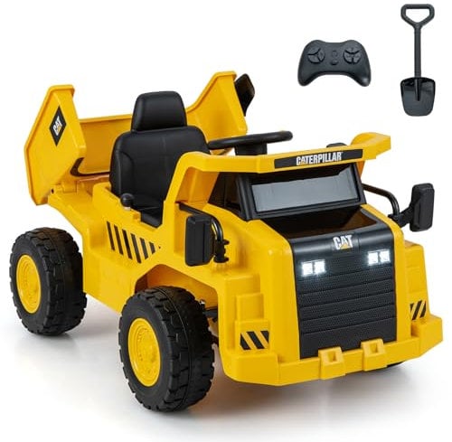 GOPLUS 12V Muldenkipper für Kinder, Caterpillar Elektroauto zum Draufsitzen, Elektro Kinderauto mit 2,4-G-Fernbedienung, Kippmulde, Megafon, Mediaplayer & Schaufel, für Kinder ab 3 Jahren