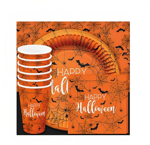 25 x Halloween Party Tableware Set Includes 6 x Plates, 6 x Cups, 12 x 2-Ply Napkins, 1 x Table Cover Party Supplies for Halloween Sold by VR Angel