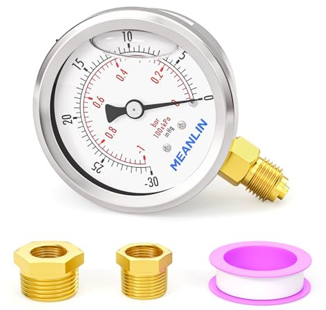 MEANLIN MEASURE -30~0Psi Glycerin Filled Vacuum Pressure Gauge, Stainless Steel 1/4 BSP 2.5 FACE DIAL Lower Mount, with 1/2 and 3/8 BSP Hex Bushing