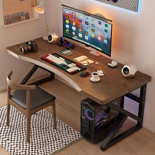 Computertisch aus natürlichem Echtholz, moderner PC-Tisch im schlichten Landhausstil, Schreibtisch für Führungskräfte im Industriedesign mit geschwungenem Design (120 x 60 x 75 cm, Eiche)