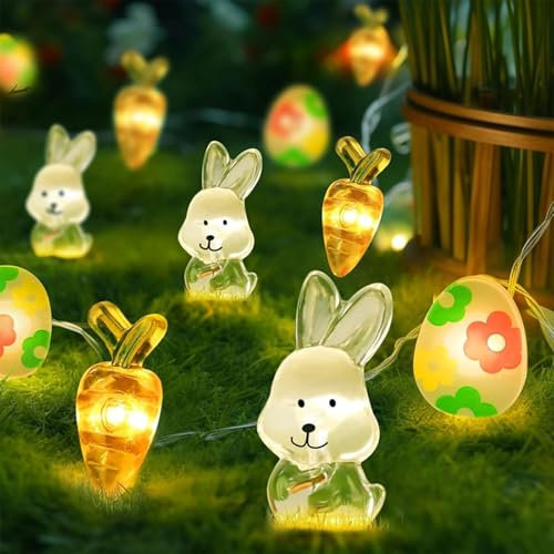 Xmart Lichterkette Ostern 3M 30 Led Osterlichterkette Kaninchen Karotten Ei Osterdeko mit 2 Modi Warmweißes Licht Geeignet für Partys Tische Hochzeiten Drinnen und Draußen Ostern Deko