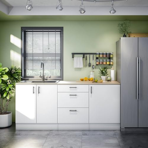 Küchen-Set >KIRA< KIRA 200A: Modernes Küchenset in Weiß mit Eichen-Arbeitsplatte. 3 Module, höhenverstellbare Einlageböden, pflegeleicht. Einfach zu montieren und zu reinigen. Perfekt für deine Küche!
