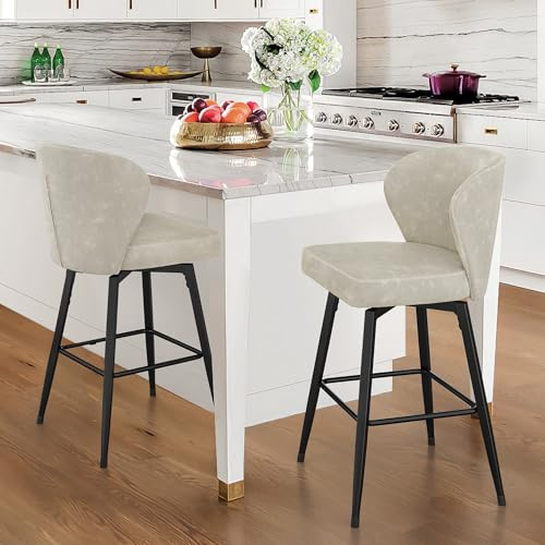 LUE BONA Barhocker 2er Set mit Lehne,66 cm Hoch–Barstuhl Holz mit Kunstleder Sitzfläche,Moderner Barstuhl,Hell-Grau