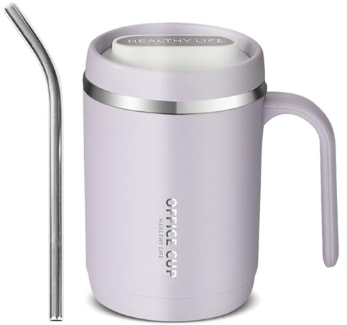 Kytpyi Tazas de Cafe, Taza Acero Inoxidable, 400ml Moda Doble Capa Anti-descamación Termo Cafe con Tapa 1 Pajita para Casa Escuela Oficina (Morado)