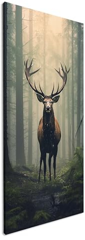 Erhabener Hirsch im mystischen Nebelwald. Panorama 120x60cm XXL Kunstdruck Motiv auf Holzrahmen/Leinwandbild/Wandbild/Wohnzimmer Dekoration