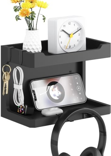 NiHome Large Wall Mounted Wooden Bedside Organizer - Wandmontiertes Massivholz-Regalsystem mit Doppelregal & Magnet-Haken, Bettablage für Handy Brille Fernbedienung(25x13.8x18 cm)