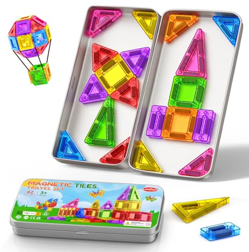Magnetische Bausteine 42PCS Mini Magnetbausteine Reiseset Magnetspielzeug Montessori Reisespielzeug Magnet Kinder Spiel Bausteine Magnetic Tiles Geschenk Spielzeug ab 3 4 5 6 7+ Jahre Junge Mädchen
