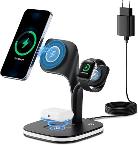3 in 1 Ladestation für iPhone und Apple Watch, Magnetisch Ladegerät für Magsafe iPhone 16 15 14 13 12 Pro/Max/Plus/Mini Apple Watch Ultra 10 9 8 7 6 5 4 3 2 SE AirPods Pro 4 3 2 (Mit 20W Netzteil)