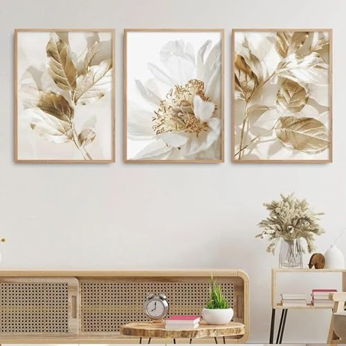Xiyocadt 3- teiliges Poster Set Beige Blumig Pflanze Leinwandbilder,Abstrakte goldene weiße Blumenblätter, für Wandbilder Wohnzimmer Schlafzimmer Badezimmer Wanddeko,Ohne Rahmen (50x70cm)