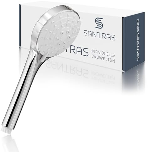 SANTRAS® Handbrause mit dreifach verstellbaren Duschkopf mit Wassersparer in Chrom – Brause mit wassersparendem Brausekopf und Durchflussbegrenzer in 3 Strahlarten für Dusche und Badewanne