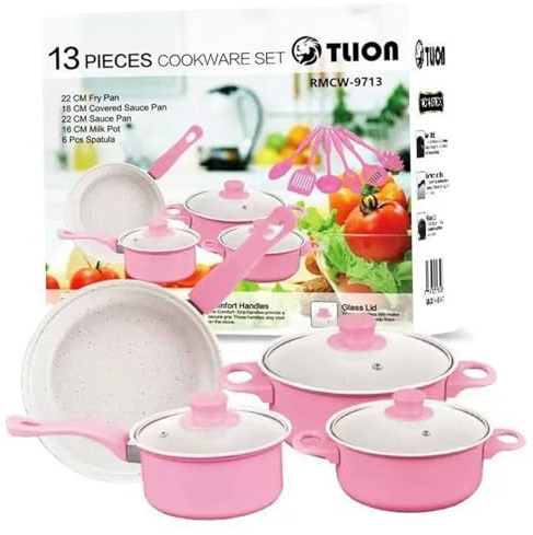 Ensemble de casseroles et poêles en fonte 13 pièces, batterie de cuisine antiadhésive mignonne comprenant des couvercles, batterie cuisine à induction avec poignée confortable, sans PFOA.