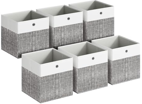 SONGMICS Storage Boxes, Set of 6 Storage Cubes, 26 x 26 x 28 cm | Fabric Organiser Baskets with PP Panels, Odourless, Foldable for Cube Shelves, Cloud White and Cattail Gray RFB426GM02
