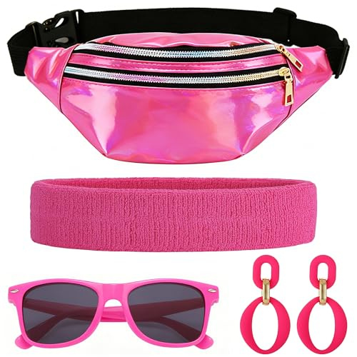 80er Jahre Bauchtasche Damen für Fasching & Karneval - Neon Party Accessoires 80er Kostüm Outfit mit Bauchtasche, Stirnband, Ohrringen, Brille (Pink)