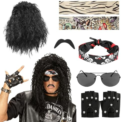 7 Stück Rocker Outfit Herren, Rocker Kostüm Herren, Herren Kostüm Rock Star | Disco Sonnenbrille Vokuhila Perücke Bärte Ärmel Handschuhe Kopftücher für 70er 80er 90er Disco Herren Party
