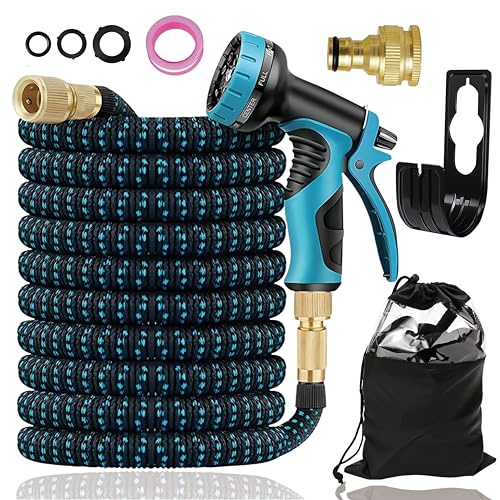 Feveqher Expandable Garden Hose Pipe, Upgraded 3-Layer Latex No-Kink Flexible Water Hose, 3/4&1/2 Metal Connectors, 10 Function Spray Nozzle, Hose for Gardening, Washing & Cleaning(75FT)