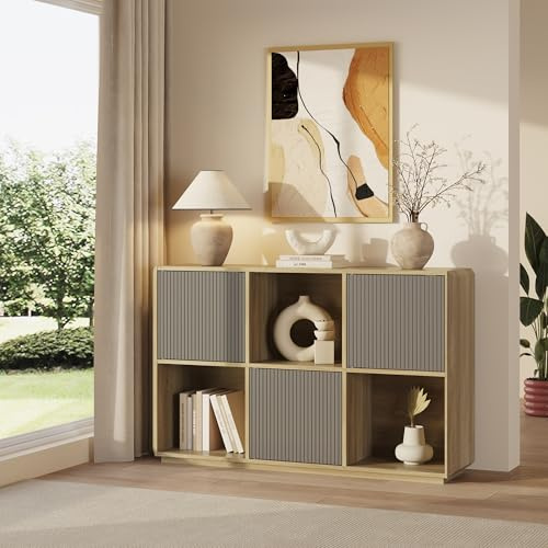 [en.casa] Sideboard Trömi Wohnzimmerschrank mit 3 Türen Push-to-Open Kommode mit 6 Fächern 75 x 120 x 30 cm Flurmöbel Holz Dekor Esszimmer Eicheoptik/Grau