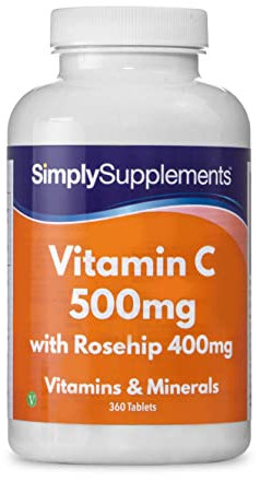 Vitamina C 500 mg e rosa canina 400 mg - 360 Compresse - Adatto ai vegani - 1 anno di trattamento – SimplySupplements
