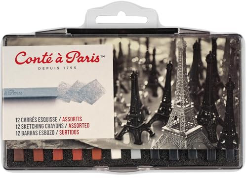 Conté Carré 50247 Pastellkreide im 12er Set, harten Kreiden in Rechteckform, Farbstark, für Skizzen und Zeichnungen auf allen Arten von Papier oder Karton - 12 Pastelle im Set Esquiss gemischt
