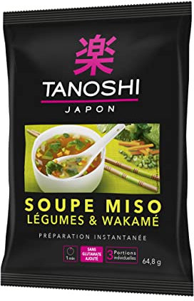 Tanoshi Soupe Miso Légumes et Wakamé Préparation Instantanée 3 Portions Individuelles, Le sachet de 64,8g