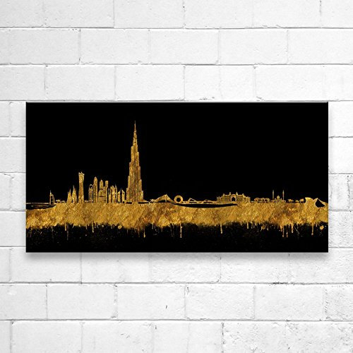Kunstbruder - Wandbild Dubai Skyline - Gold (div. Grössen) 3D 4cm - Kunst Druck auf Leinwand 100x200cm
