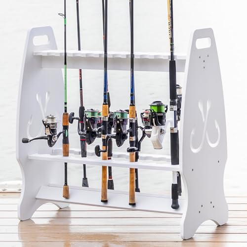 StoreYourBoard Marlin Fishing Rod Rack for Garage, Dock & Boathouse | Freestanding Fishing Pole Holder Holds Up to 24 Rods & Reels | Weather-Resistant PVC Fishing Rod Storage Organiser