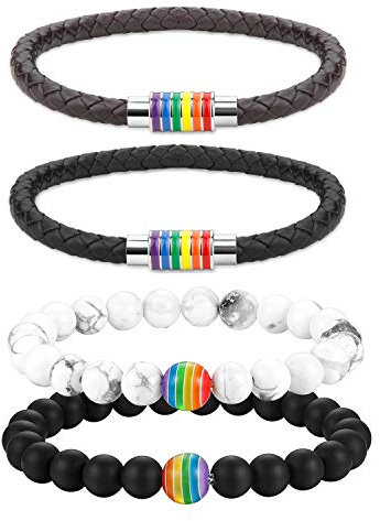 Cupimatch 4PCS Gay Pride Lederarmband LGBT Regenbogen Armband Natursteinen Armband Geflocht Leder Armreif, Schwarz Weiß