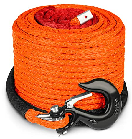 STEGODON 9,5 mm x 30,5 m Synthetisches Seilwinde Seil 10,8 kg Dyneema Seilwinde Kabel Schnur mit Haken und Hülse Schutz Auto Abschleppkabel für 4WD Geländewagen Jeep SUV LKW (orange)