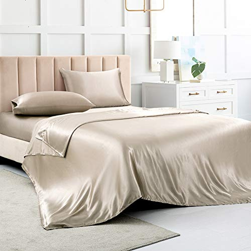 Luxbedding Satin-Bettlaken für King-Size-Betten, Taupe, 4-teiliges weiches Bettwäsche-Set mit 1 tiefen Spannbetttuch, 1 Bettlaken, 2 Kissenbezüge