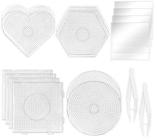 BILLIOTEAM 10PCS (4 Shapes) Fuse Beads Pegboards Boards with 2Pieces Tweezers and 6Pieces Lroning Paper,5mm Clear Plastic Pegboards Set Kit for Kids Craft Supplies Beads