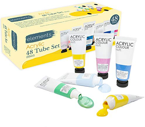 Elements Acrylic Paint, Set of 48 x 22ml Tubes, Rich Variety Range of Classic, Pastel, Glitter, Metallic and Neon Colours Non Toxic Paints for Canvas Painting, Artist, Hobby Painters