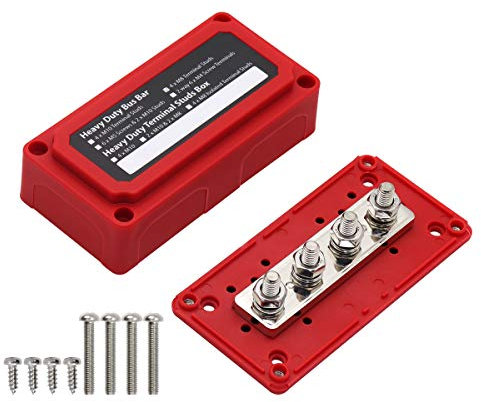 T Tocas 300A 12V Bus Bar Power Distribution Blocks with 4X M8(5/16) Terminal Studs, Heavy Duty Battery BusBar with Cover 12 Volt - 48V DC for Car Marine Boat Solar and More, Red