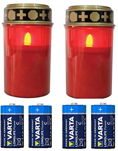 Fachhandel Plus LED-Grablicht Ewiges Licht Grabkerze 2er Set mit Varta Alkaline Flackereffekt wie bei einer echten Kerze