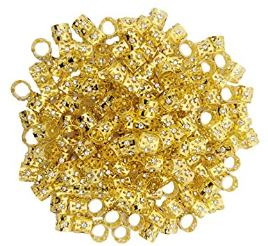 Flosius 50 Stück Gold Strass Haarschmuck für Frauen Zöpfe Eisen Dreadlock-Perlen Box Zopf Zubehör mit 100 Stück Mini-Gummibänder Metall Haar Manschetten für Zöpfe für Mädchen (A)