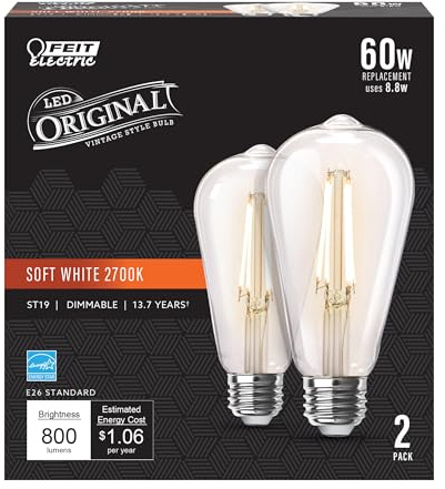 Feit Electric ST19 Vintage Edison LED Light Bulb, 60W Equivalent, Dimmable, 2700K Soft White, 800 Lumens, E26 Base, Retro Filament Light Bulbs, 15,000-Hour Lifetime, ST1960/CL/927CA/2, 2 Pack