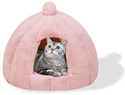 Galatée Katzenhöhlenbett, Waschbares Katzenkissenbett Mit rutschfeste Unterseite, Haustierbett Mit Abnehmbarem Waschbarem Innenkissen, Weiches Und Gemütliches Plüschkatzen-Iglu(S, Rosa)