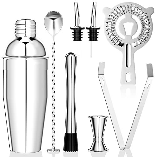 Newaner 750ML Shaker Cocktail, 8 Pièces INOX Shaker Vinaigrette, Professionnel kit pour Barman, avec crépine, Jigger, cuillère, verseur, pour mélanger des Boissons, Home, Bar, Party (Argent)