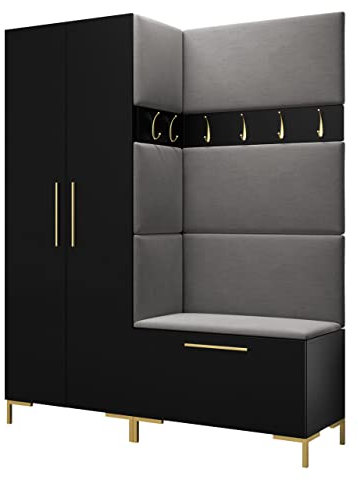 Mirjan24 Garderoben-Set Zinetto I, Kleiderschrank + Schuhschrank + 2X Kleiderhakenbrett + Gepolstertes Paneel/Wandpaneel, Kleiderhaken, Flurgarderobe, Wandgarderobe (Schwarz, Manila 16)