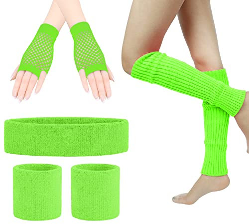 ZOCONE Green Leg Warmers 80s Neon Headband and Wristband Fishnet Gloves Set, 80s Fancy Dress for Women Costume Accessories, Leg Warmers Knit Neon Retro 1980s Theme Party Costumes