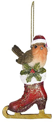 Clayre & Eef Weihnachtsanhänger Vogel 8 cm Rot Braun Kunststoff Weihnachtskugel