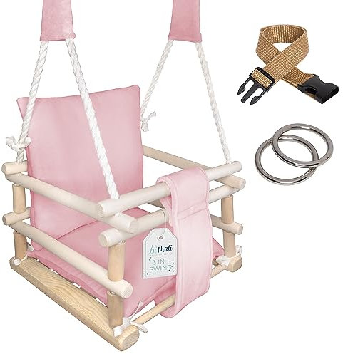 Holz Babyschaukel Indoor - Kinderschaukel - Baby Schaukel 3in1 mit Kissen und Sicherheitsgurt - Komfortable und Robuste