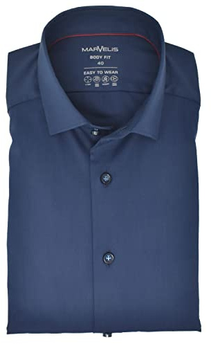 Marvelis Herren Easy to Wear Hemd Body Fit Kent Kragen Langarm Stretch Einfarbig Dunkelblau, Kragenweite:42