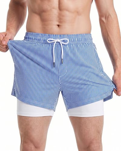 MaaMgic 5 Mens Swim Shorts with Compression Liner 4-Way Stretch Bathing Suit Swimming Shorts with Pockets,Blue White Stripes,M