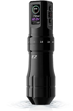 EZ P3 Pro Drahtlose Tattoo Maschine - 6 Anschläge 2.0, 2.4, 2.8, 3.3, 3.7, 4.2mm Bluetooth Tattoo Maschine mit OLED Digitalanzeige 1600mAh Akkuleistung (Schwarz Glänzend)
