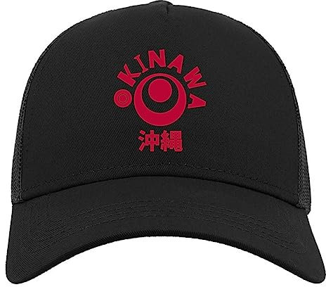 Okinawa Japan Kanji Graphic Halbmaschige Trucker-Cap-Baseballmütze aus Baumwolle Schwarz