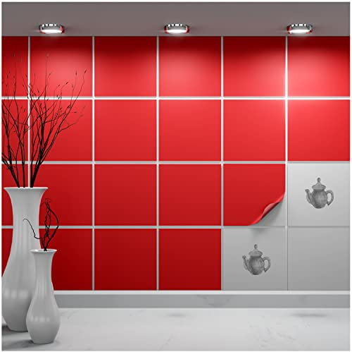FoLIESEN - Tile Stickers, 14.5 x 14.5 cm, Self-Adhesive Tile Film for Bathroom and Kitchen, Removable Adhesive Film for Wall Tiles, Kitchen Splashback and Borders, 20 Adhesive Tiles, Matt Red
