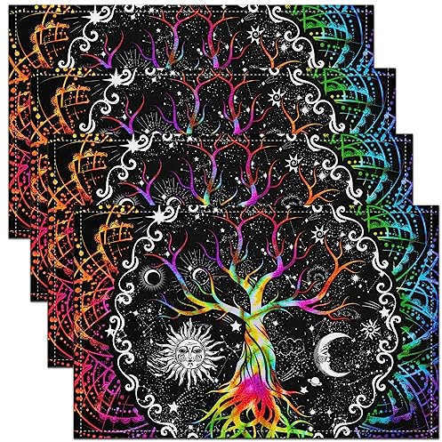 Trippy Sun And Moon Placemats - 12x18 Set of 4, Black And White Place Mats for Kitchen Table, Psychedelic Tree of Life Waterproof, Galaxy Stars Mandala Tribal Oil Proof Washable