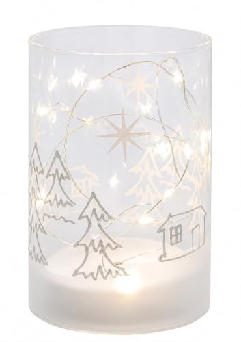 Miss Lovely Windlicht LED LED-Glas WINTERWALD in weiß & silber Glitzer Deko-Figur Weihnachts-Deko beleuchtet Advent Winter Weihnachten Lichterkette leuchtende Weihnachts-Dekoration