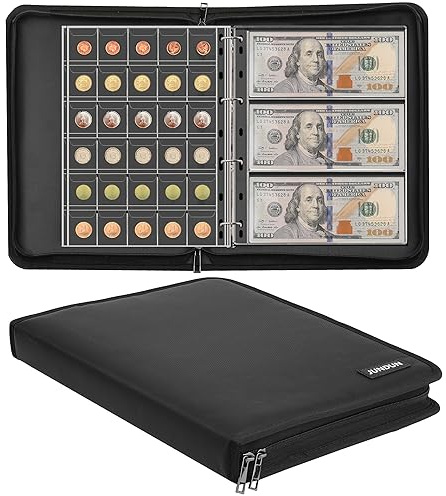 Fireproof Coin Collection Album for Collectors, 300 Pockets Coins Collecting Album & 36 Sleeves Money Storage Case for Coin Currency Collection Supplies, Bill, Pennies, Quarters, Stamp,F65C001B